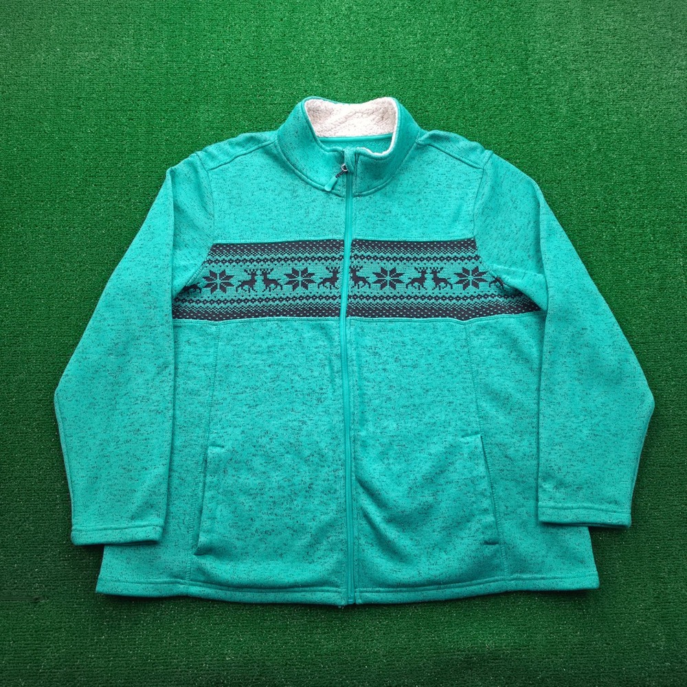 Faded Glory Sherpa-Lined Fair Isle Sweater‎ Jacket Womens 3X Teal Green Reindeer